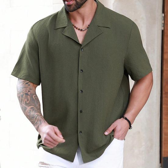 Men's Cuban Collar Shirt Short Sleeve Button Down Shirt Solid Color Loose Fit Casual Summer Beach Shirt for Daily Wear Vacation Work