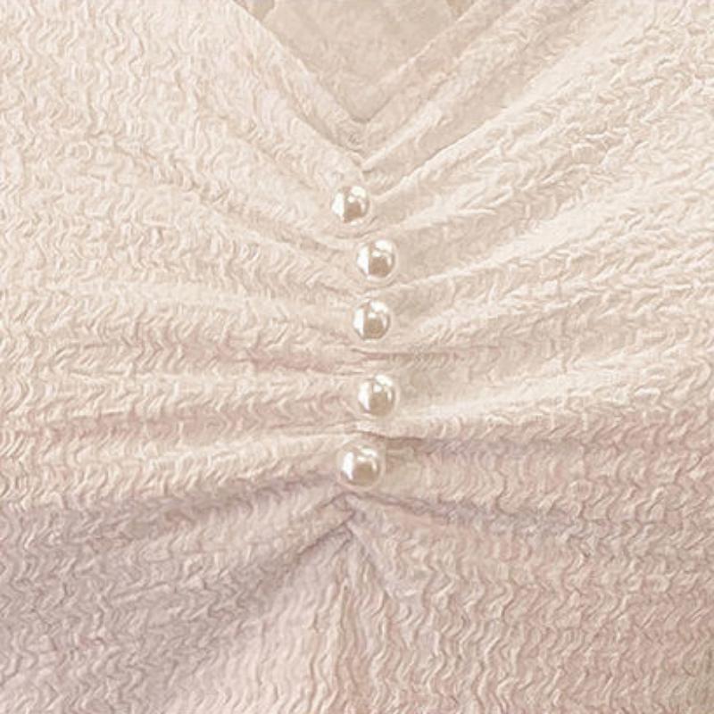 WTEMPO Brand Summer Women's Bubble Sleeve Square Collar Collar Shirt Slim High-waisted Short Top Pearl Decorated V-neck Short Sleeve Shirts