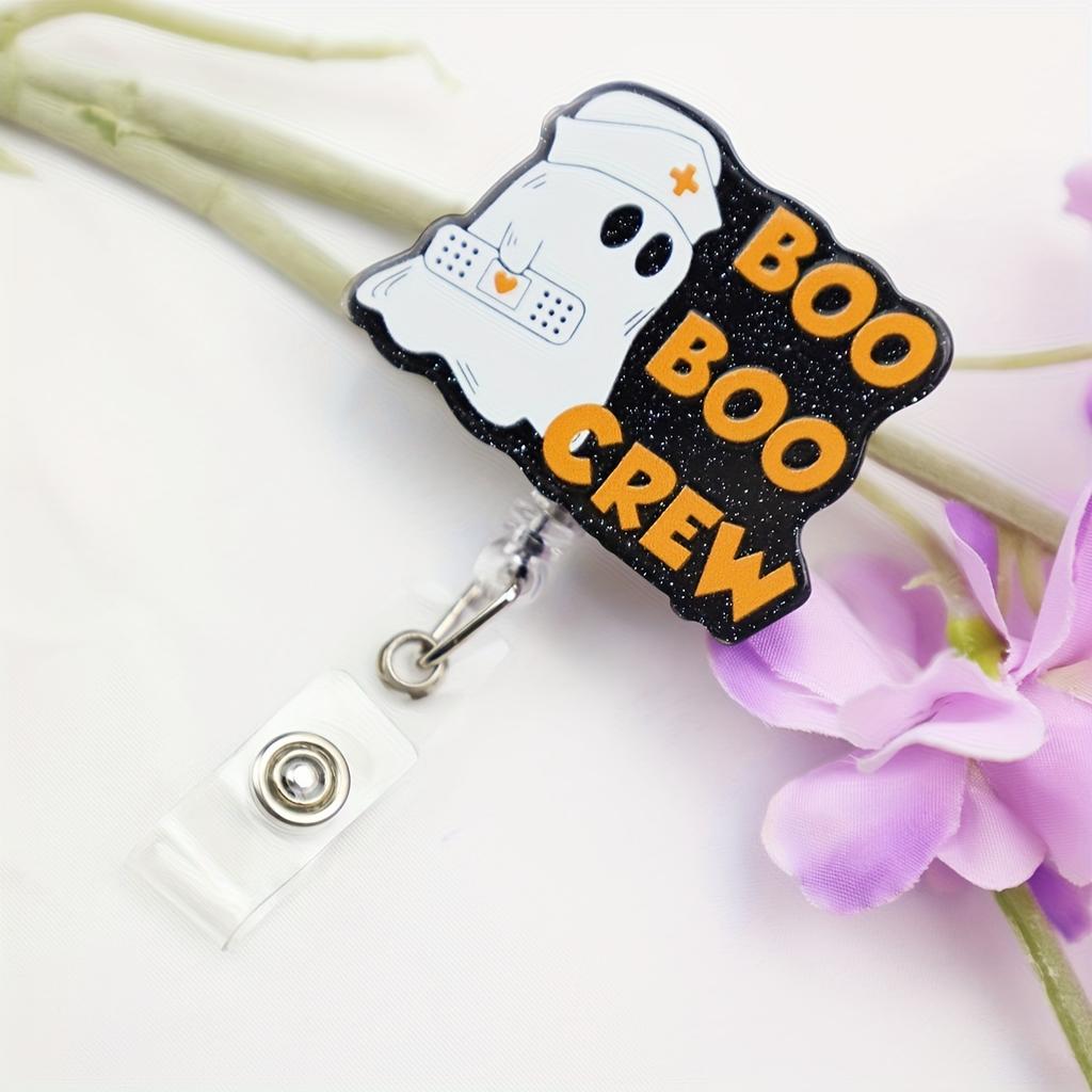 Halloween Boo Boo Crew Ghost Badge Reel, Acrylic Retractable ID Badge Holder with Swivel Clip for Nurses and Medical Staff, English Text