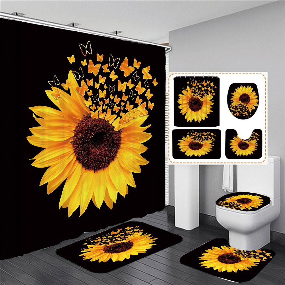Magic Sunflower Butterfly Shower Curtain Sets Black Yellow Art Country Flower Bathroom Decor Curtains Bath Mats Rug Toilet Cover