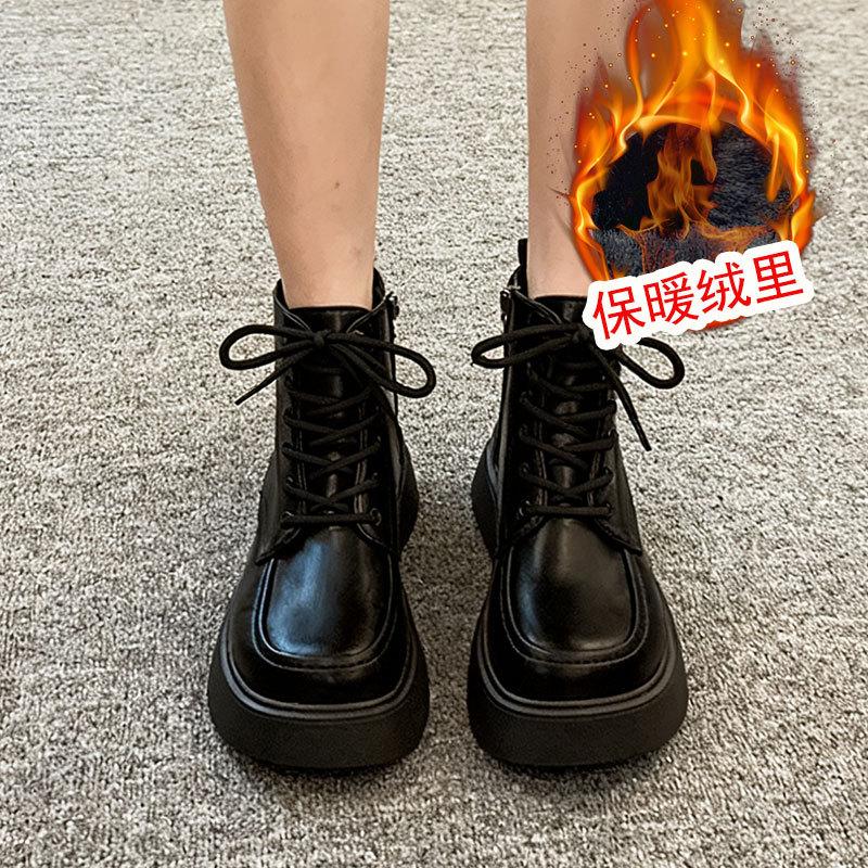 Retro Sweet and Cool Martin Boots Women's Autumn and Winter Velvet New Ins British Style Thick-soled Heightening Short Boots