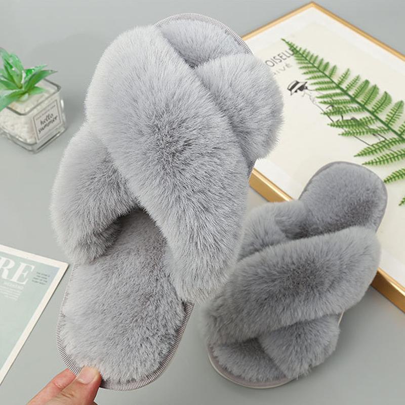 Fashion Litfun Plush Lining Women's Slippers New Fur Cross-strap Ladies Home Slides Platform Fuzzy Warm Indoor Women's Cotton Slippers