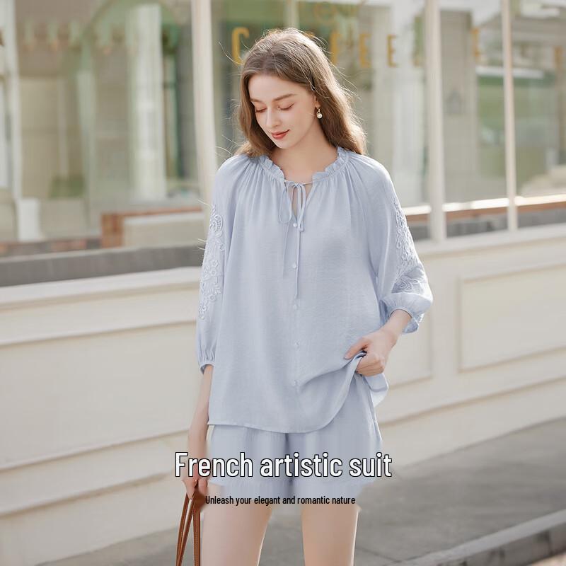 Women's Embroidered Linen Blend Shirt & Shorts Set