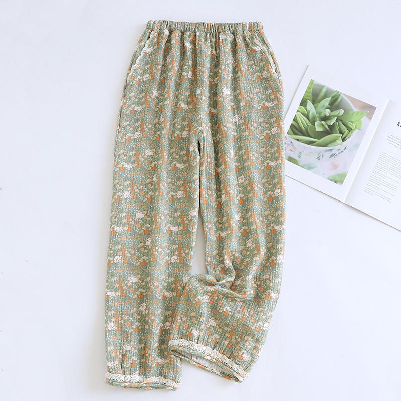 

Cotton Double-layer Fabric Sleeping Pants Loose Lace Edge Spring and Summer Seven Quarter Length Thin Women Pajama Pants XS зелений