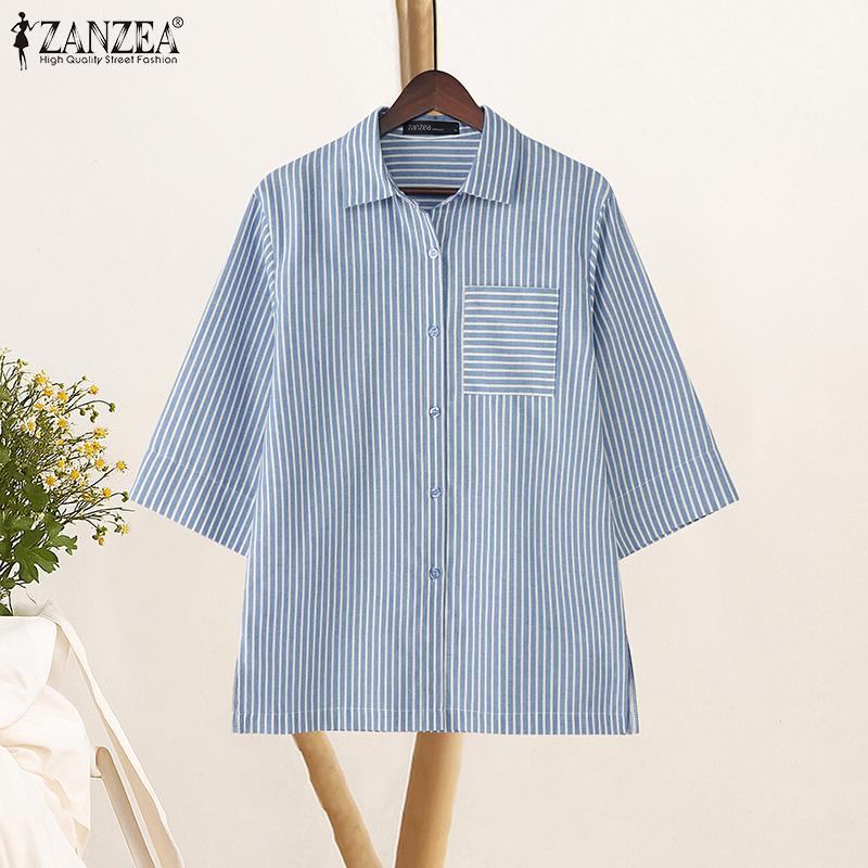 ZANZEA Women Casual Turn Down Collar Loose 3/4 Sleeve Stripe Blouse