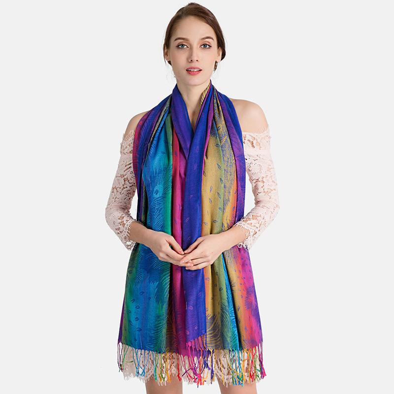 Colorful Jacquard Autumn and Winter Pashmina Scarf for Women Long Tassel Bufanda Mujer Shawl Female Stole Trip Warm Headscarf