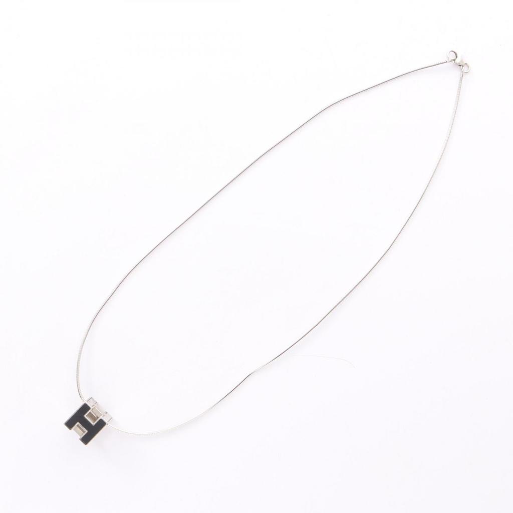 Used HERMES Cardue Ash H-cube Necklace Stainless Steel Silver Black Used