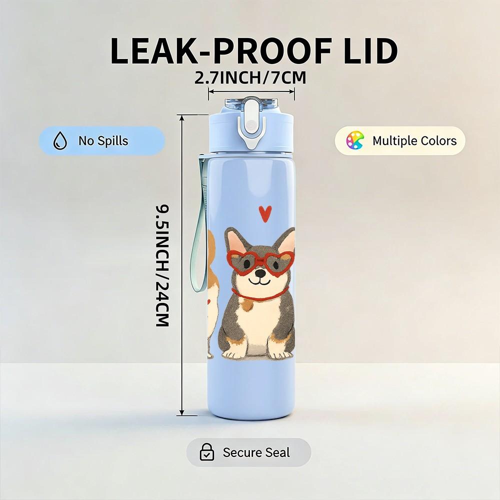 1PC Diseño de Marco de Corazón con Tres Corgis Botella de Agua Deportiva de Plástico de Color de 750 ml Tapa con Pitorro abatible a Prueba de Fugas Para Deporte, Oficina, Uso en Casa