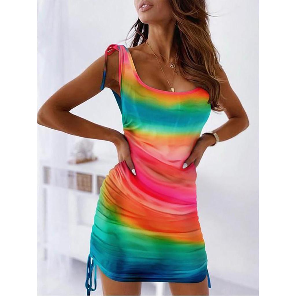 Damska Sukienka Tank Top Bez Rękawów z Nadrukiem Gradientowym, ze Sznurkiem, Dekoltem V, Marszczeniami po Boku i Wiązaniem, Mini, Codzienna, Letnia, Plażowa