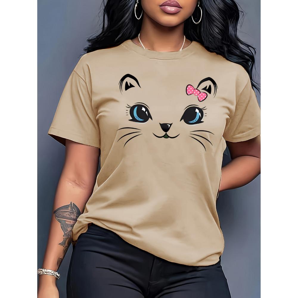 Women's Casual Cat Print T-Shirt - Soft Stretchy Crew Neck Short Sleeve Top