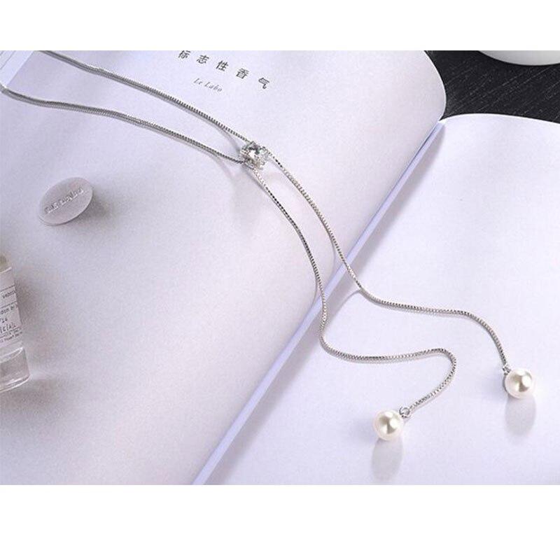 925 Sterling Silver Shiny Zircon Crystal Pearl Long Necklace Sweater Chain Necklace Pendant Jewelry Trendy S-N168