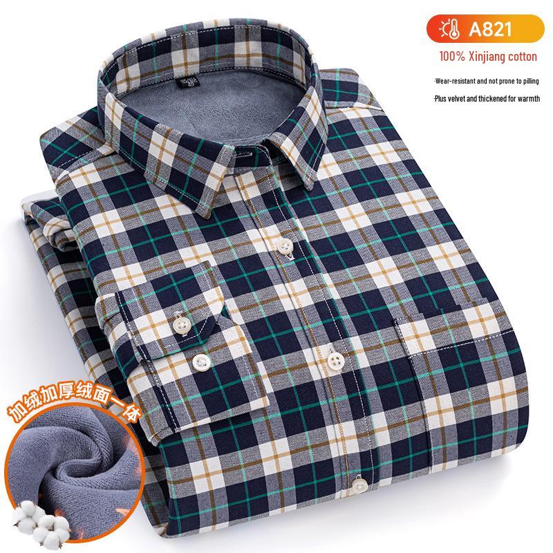 New Plus Size Velvet-Lined Men's Pure Cotton Plaid Shirt - Warm, Thickened for Autumn/Winter Cold Protection