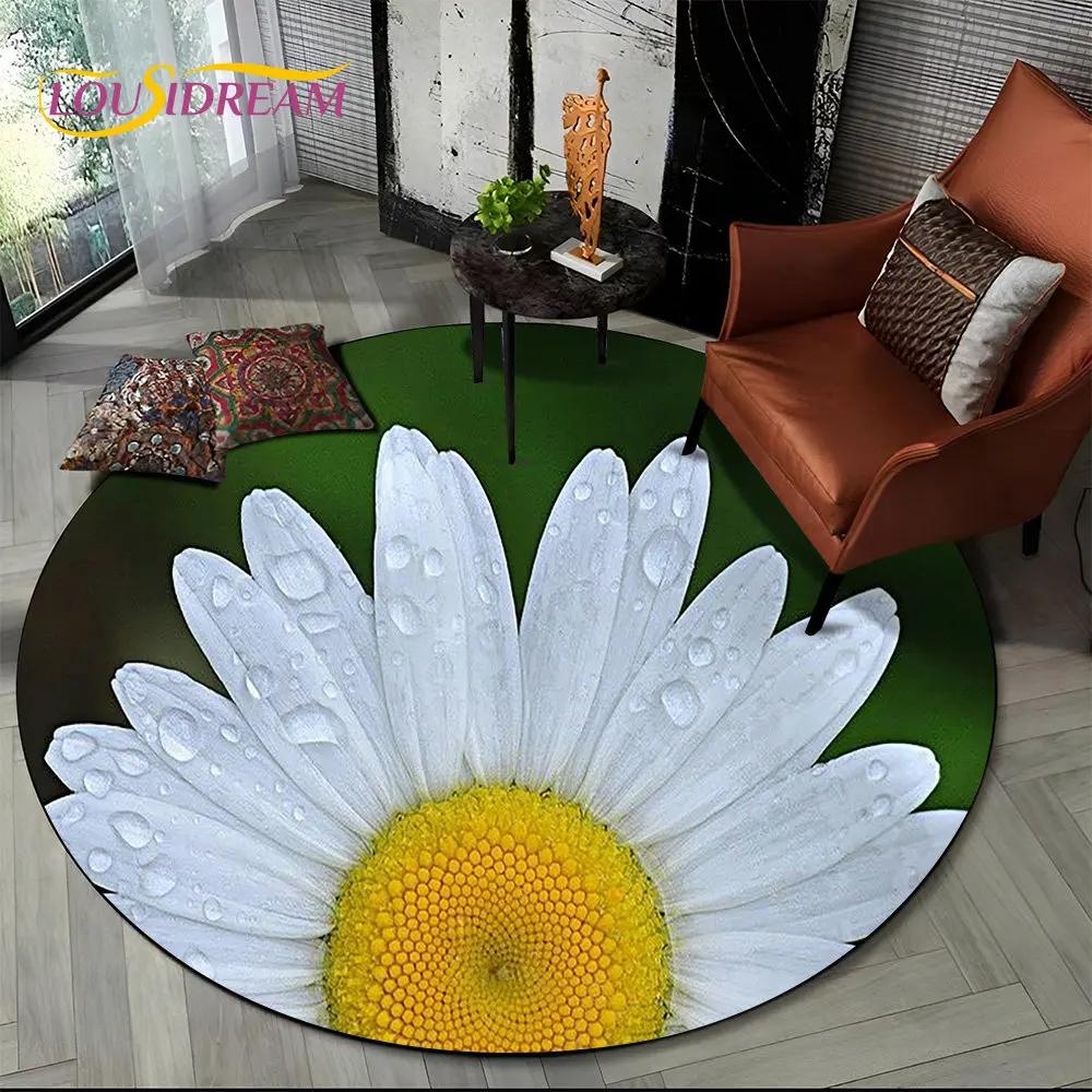3D Daisy Nordic Flower Sunflower Round Area Rug,Carpet for Living Room Children's Bedroom Sofa Playroom Decor,Non-slip Floor Mat