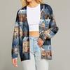 Women's Fashion Long Sleeve Print V-Neck Button Loose Cardigan Top