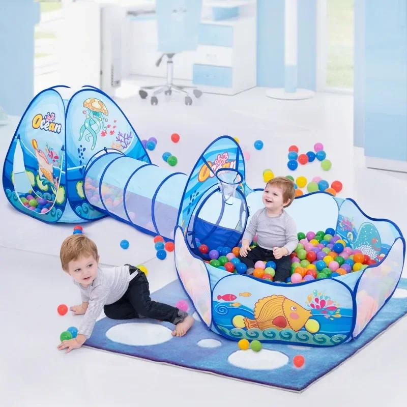 Portable Children's Tent 3 in 1 Basketball Stand with Tunnel Ball Pool Indoor and Outdoor Climbing Playhouse Children's Gift