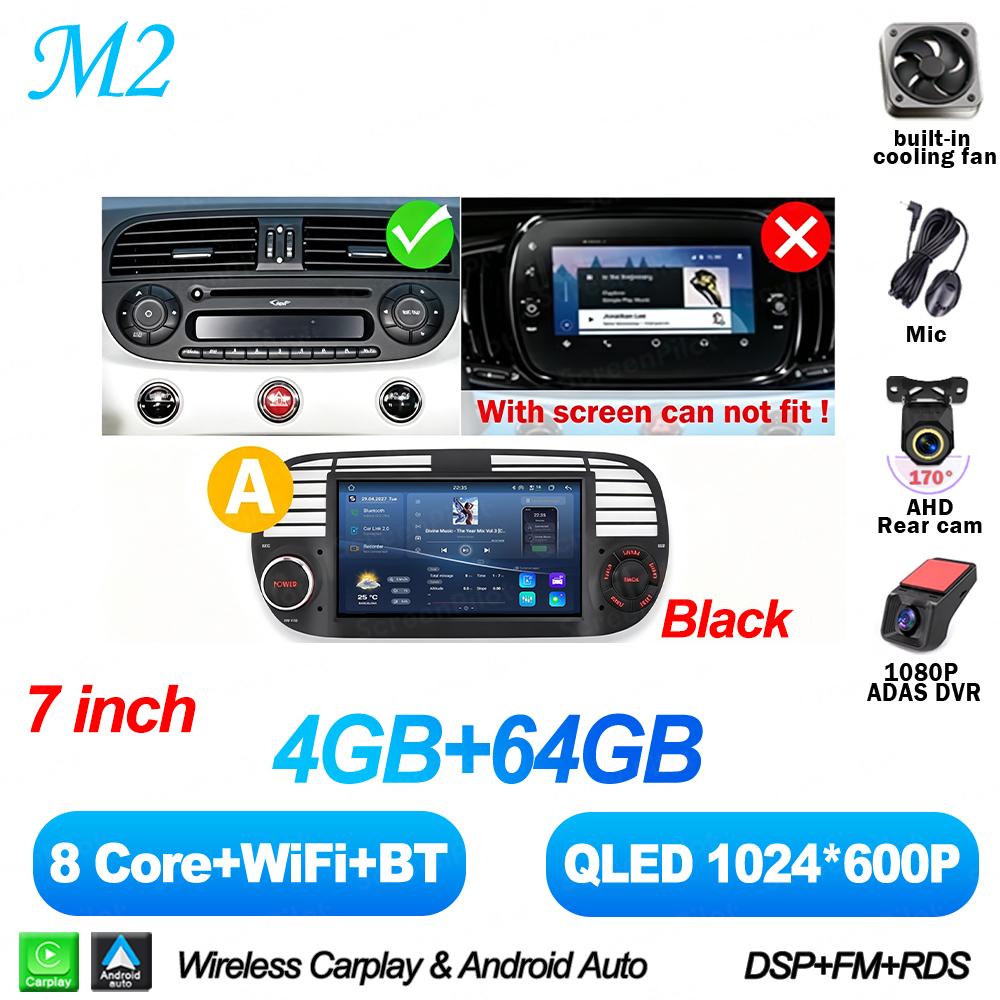 7 Inch Android 16 For FIAT 500 Abarth 2007-2015 Car Radio Stereo Head Unit Multimedia Video Player GPS Navigation 8 Core 5G RDS
