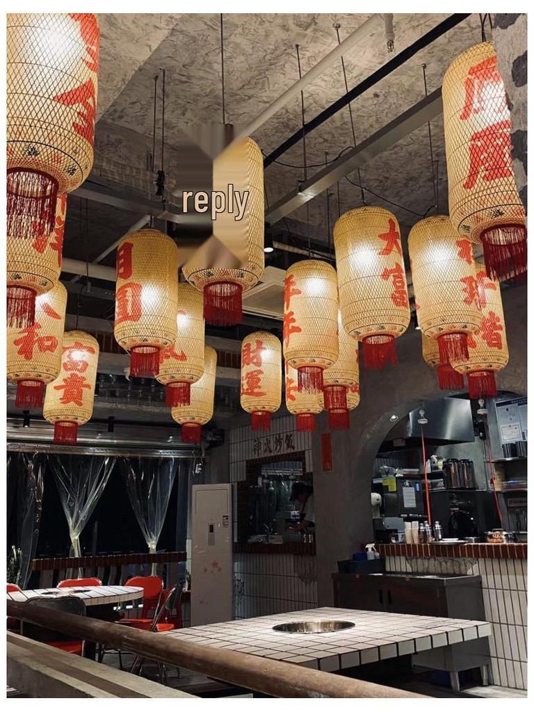 Catering Skewer Shop Decoration: Bamboo Woven & Oil Paper Lantern Chandelier for Restaurant, Hotel, Lobby, and Market in Ancient Style.