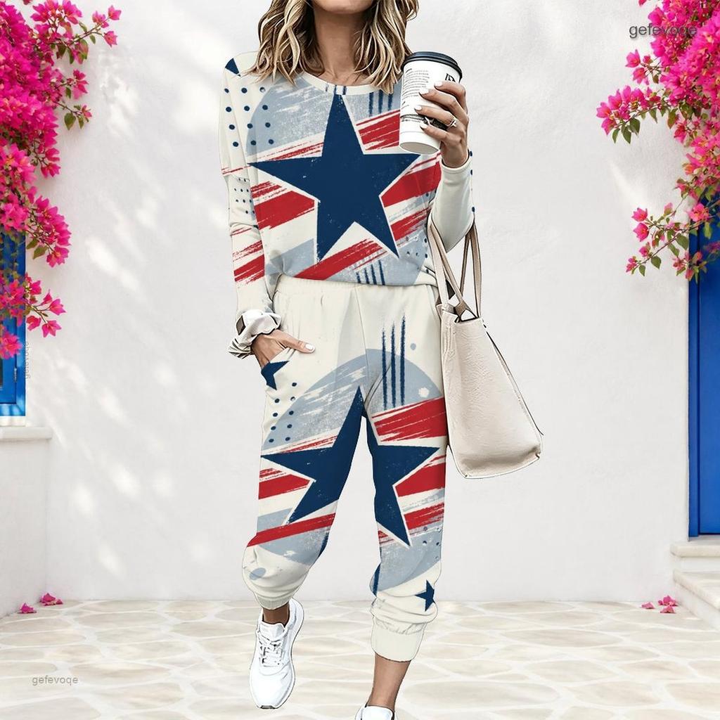 Women Plus Size Round Neck Long Sleeve Printed Cuffed Top And Cuffed Pants Two Piece Set