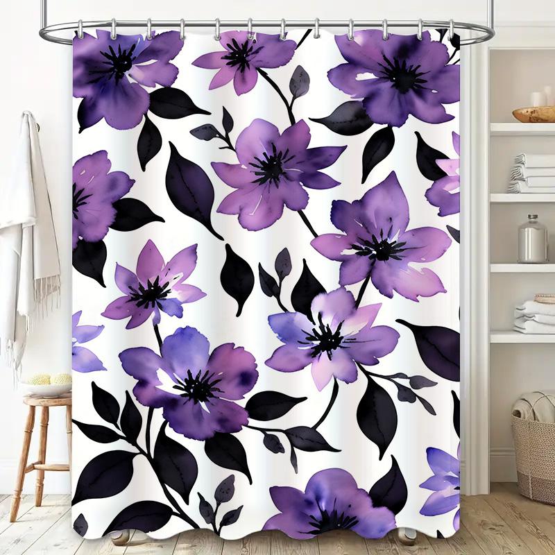 GAEBeautiful Purple Floral Shower Curtain Black White Watercolor Print Bathroom Decor Decoration Quick Dry Polyester FabricMod