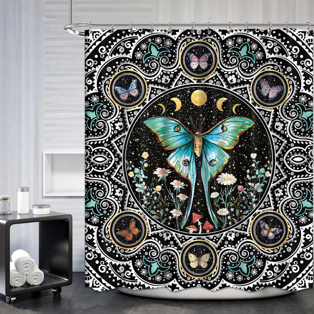 Gold Moth Shower Curtain Moon Phase Curtains For Bathroom Gothic Black Butterfly Moonlit Bath Curtain Psychedelic Bathroon Decor