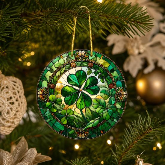 Yousheng St. Patrick's Day Acrylic Suncatcher, Green Four Leaf Clover Window Hanging Ornament, Stained Glass Style Irish Lucky Sun Catcher Decor for