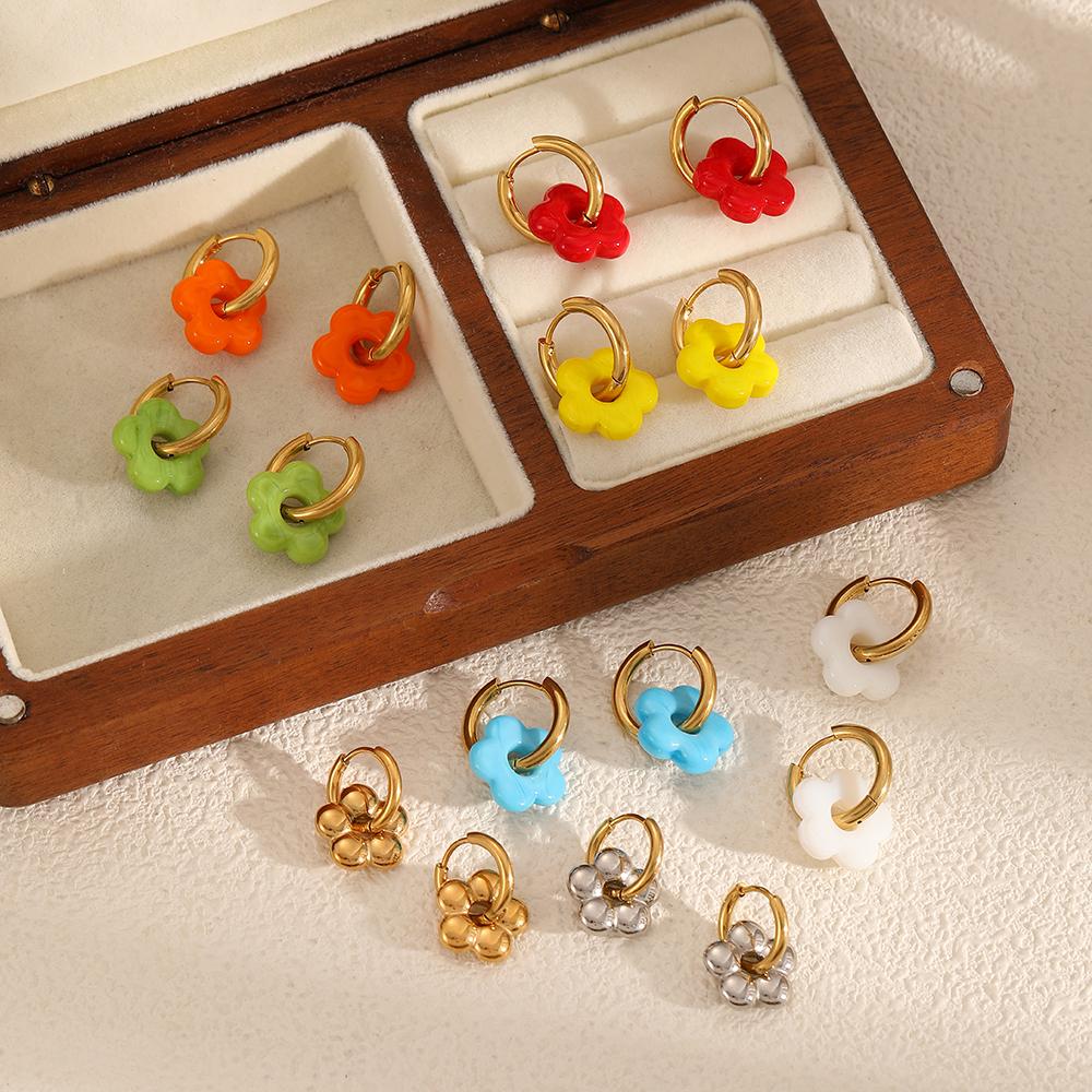 Colorful Small Flower Stainless Steel Charms Earring 18K Gold Plated Circle Ear Buckle Hoop Earrings Jewelry for Women
