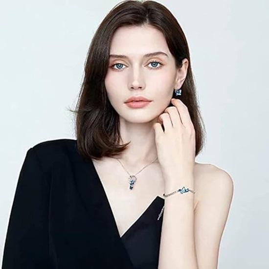 Italian Designer Platinum Plated Crystal Butterfly Earrings Chain Pendant Necklace Combo Jewellery Set for Women and Girls