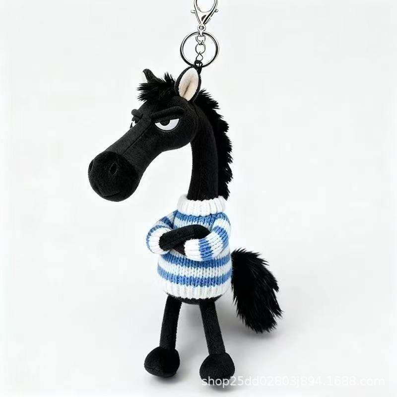 Popular Sky Selection High Cool Black Horse Keychains Soft Plush Mascot Car Pendant Sweater Knitted Baby Doll Key Rings for Women's Handbag Child Bags