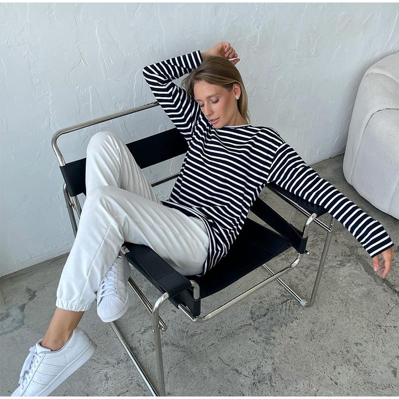 2025 Spring Autumn Long Sleeve Striped T-Shirts Women Basic Casual Tops Female Cozy Loose Cotton Tees T-Shirt New