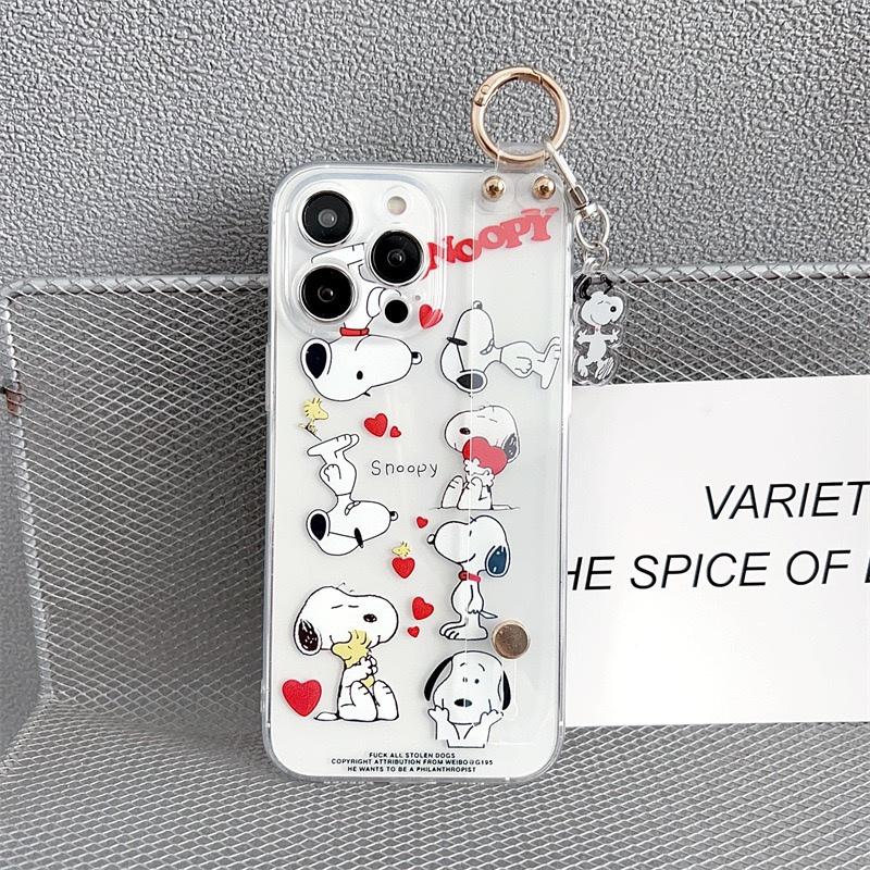 Cute Cartoon Snoopy 3D Love Heart Lanyard Wrist Strap Stand Clear TPU Phone Case For iPhone 11 12 13 14 15 16 Pro Max Plus Cover