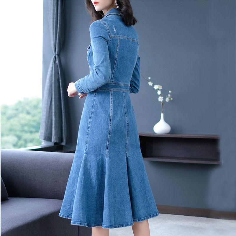 Schlankes Herbst- und Winter-Update Fishtail Denim Langes Kleid Schlankes Plissiertes Rüschen-Einteilerkleid Damen