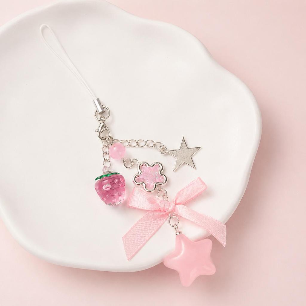 European and American Sweet Strawberry Bow Keychain with Creative Flower, Star, and Heart Ornaments