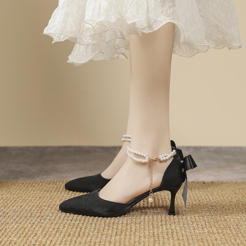Fashion New Women Thin Heel Hollow Sandals Woman Pearl Butterfly Pointed Toe High Heels Womens Shoe Wedding Shoes