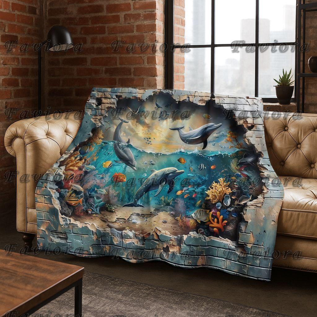 26 Style 3D Illusion Sea Underwater World Dolphin Flannel Blanket,Cozy Soft Throw Blanket for Home Bedroom Bed Sofa Cover Gift