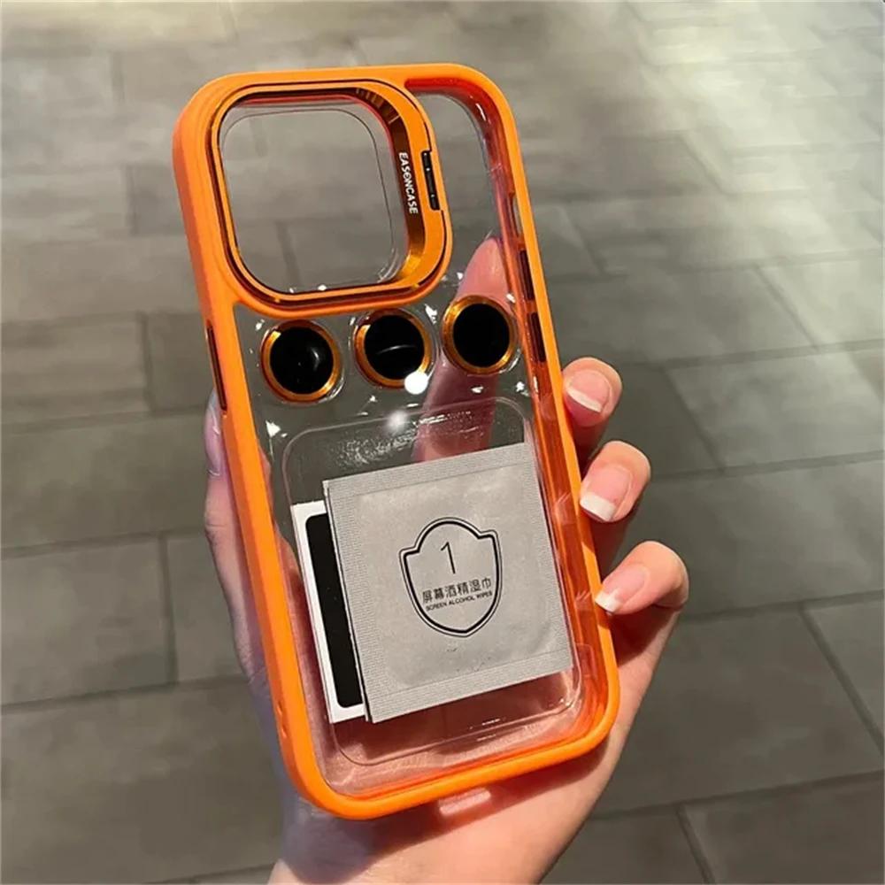 Transparent Shockproof Lens Protector Stand Case for iPhone 11-15, Camera Glass Protection, Metal Ring