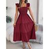 Summer Solid Colour Square Neck Wooden Ear Side Waist A-Line Long Women's Loose Casual Dresses