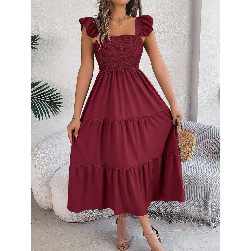 Summer Solid Colour Square Neck Wooden Ear Side Waist A-Line Long Women's Loose Casual Dresses
