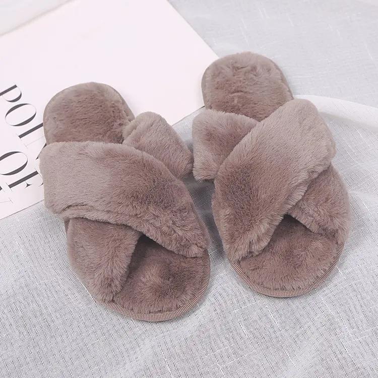 NEW Design Women Winter House Furry Slippers Women Cross Fluffy Fur Home Slides Flat Indoor Floor Shoes Ladies Flip Flops