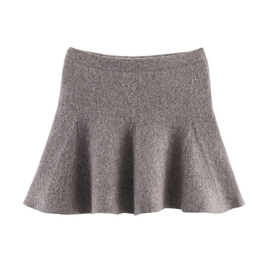 Grey Ribbed Lace-Trim Knit Jacket & High-Waisted Skirt - Women's Autumn/Winter European & American Style