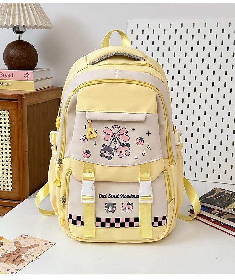 Schoolbag: Korean style cherry blossom peach pink with creamy strawberry kitten, academy style, multi-layered backpack for middle and high school