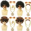 1 Set Men'S Black Short Curly Synthetic Cosplay Wig Gold Brown 70S 80S Disco Mustache Gold Chain Halloween Costume Party Wig