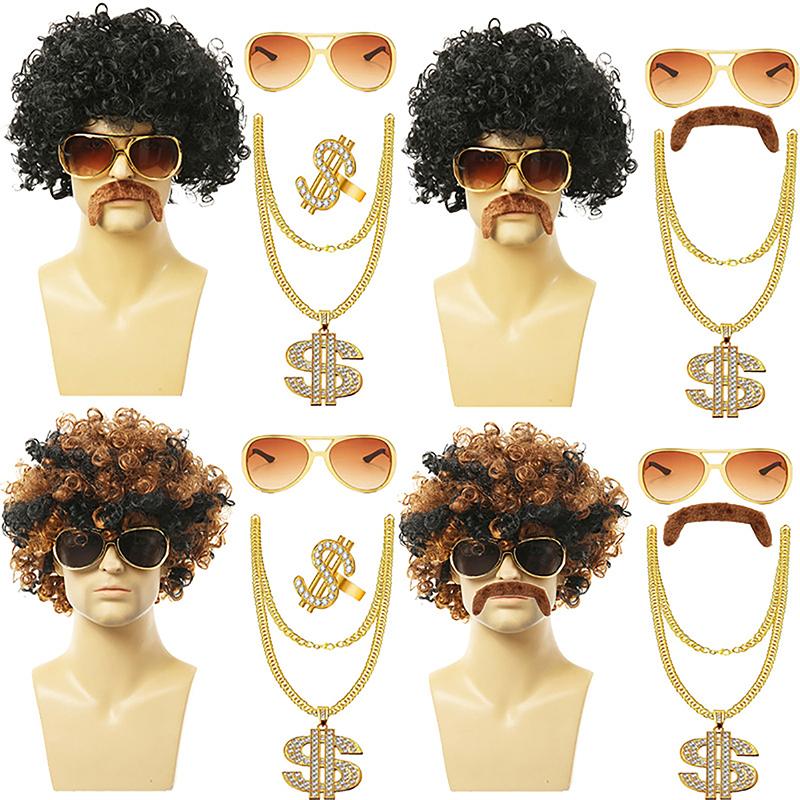 1 Set Men'S Black Short Curly Synthetic Cosplay Wig Gold Brown 70S 80S Disco Mustache Gold Chain Halloween Costume Party Wig