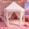 Indoor White Princess Toy Castle Tent with Tassels, Cotton Canvas Hexagonal Playhouse for Children