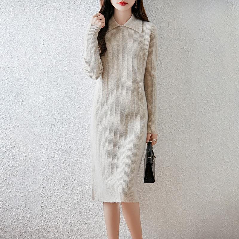 Women Sweater Dress 100% Wool MODERN NEW SAGA Turn-down Collar Knit Long Pullover Winter Jumpers Wool Long Dress Female