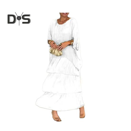 Abendkleid, mehrlagig, verstreuter Kuchensaum, Halbarm-Maxikleid, Fledermausärmel, weites Chiffonkleid mit Rundhalsausschnitt für Party und Abschlussball