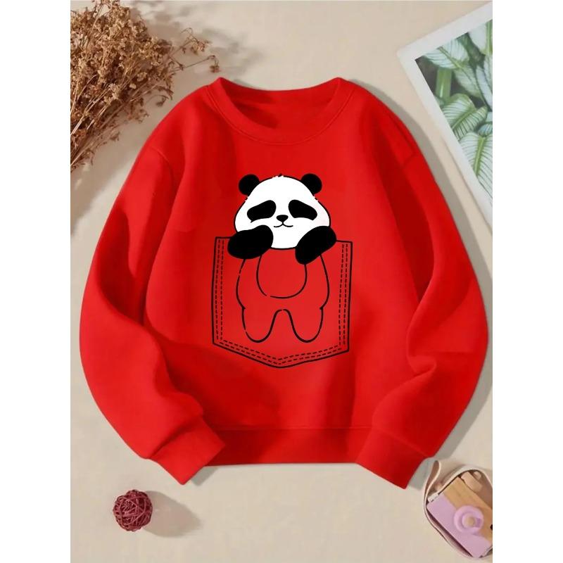 European Sizes Kids' Crewneck Sweatshirt - Panda In Pocket Pattern Print , Sportswear And Casual Wear, Soft And Comfortable, Children's Clothing