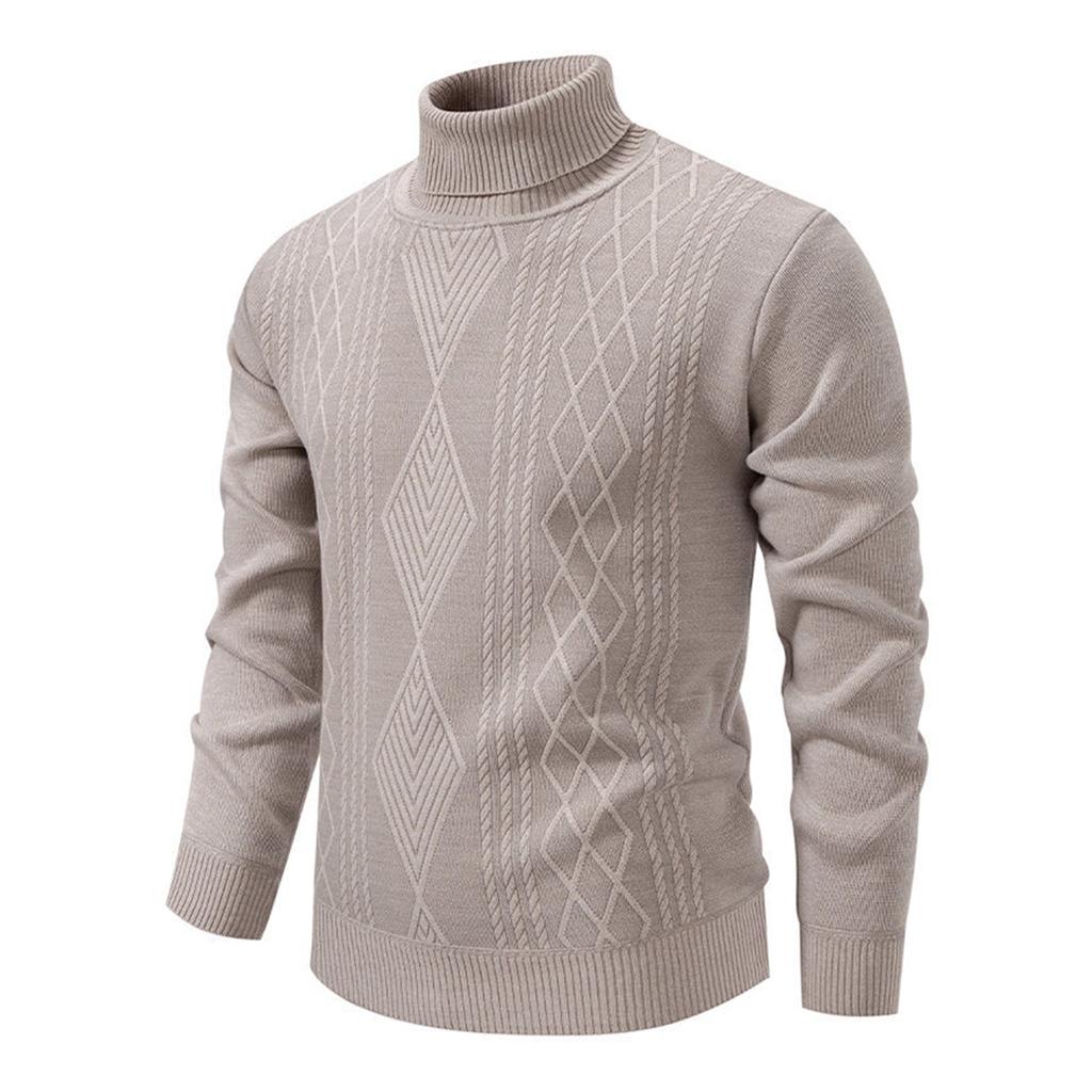 Men's Solid Color Textured Sweater Plus Velvet Thickened Casual High Collar Warm Knitted Pullover