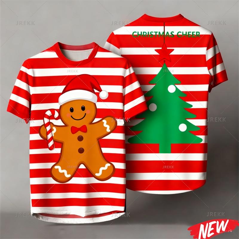Red Stripes Cartoon Christmas Tshirt Men Women 3d Printing Merry Christmas Tee Shirts Tops 2026 New Year Short Sleeve T-shirt