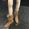 Autumn and winter new suede pointed thick heel medium heel short boots medium boots high heel pile boots western cowboy boots