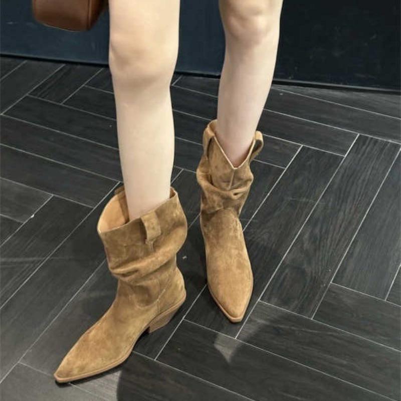 Autumn and winter new suede pointed thick heel medium heel short boots medium boots high heel pile boots western cowboy boots